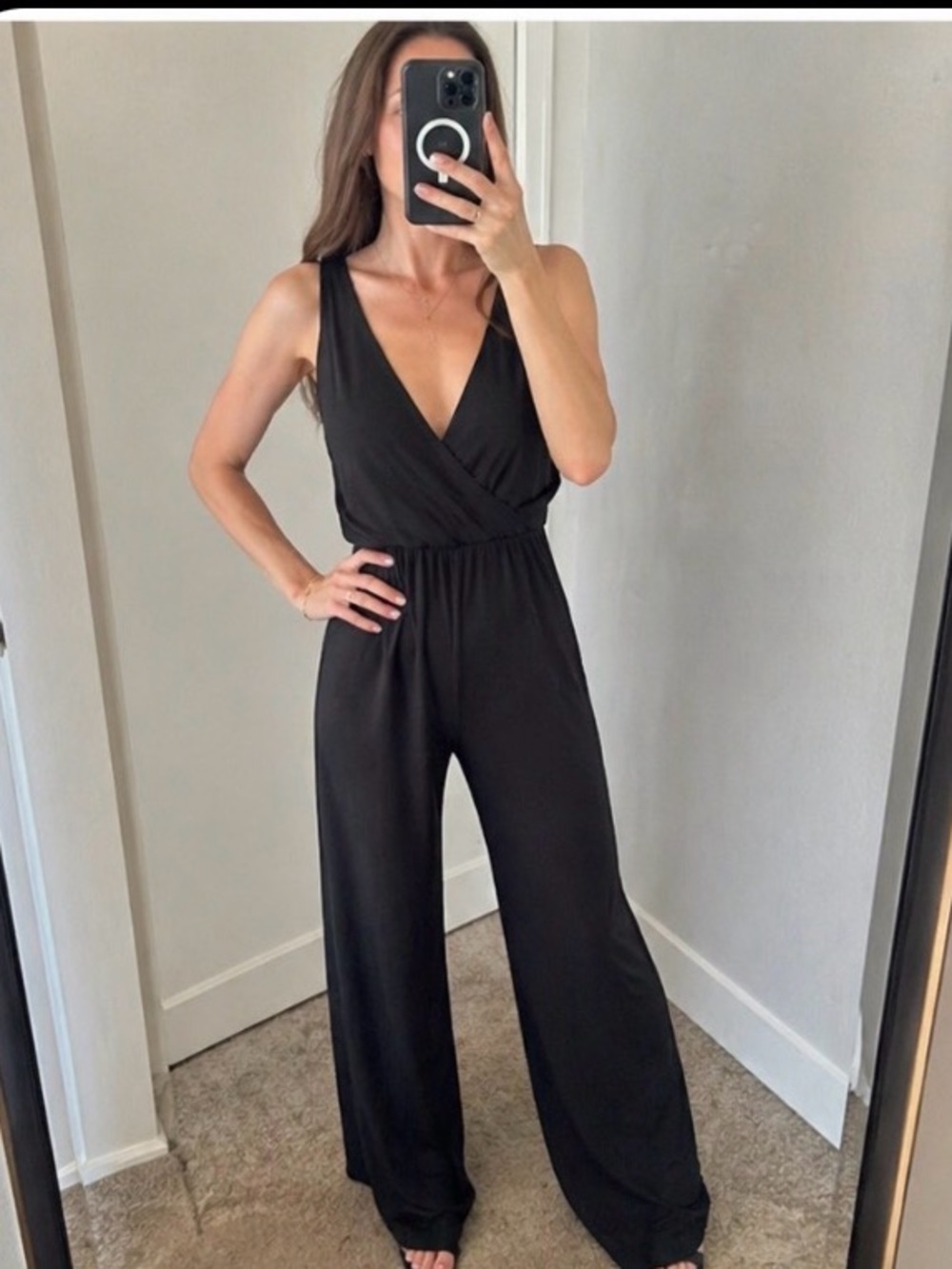 NWT Yozy Black V-Neck Jumpsuit Crisscross Back Wide Leg Size L